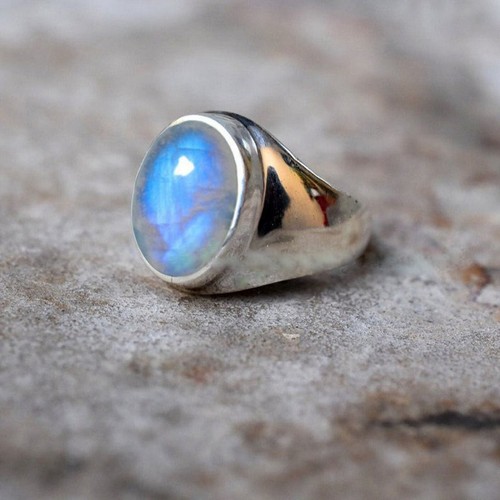Solid 925 Sterling Silver Natural Blue Rainbow Moonstone Gemstone Men's Ring - Picture 7 of 9