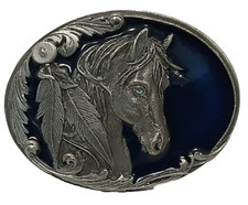 Belt Buckle Horse Head  Eagle Feathers Siskiyou 2000 Blue Enamel