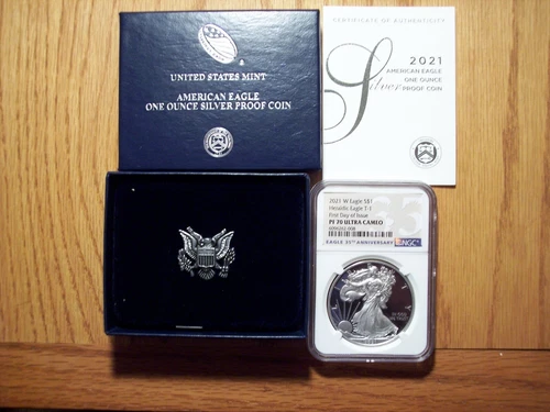 2021 W PROOF SILVER EAGLE, HERALDIC T-1, NGC PF70UC FDIO, LIMITED35th Anniversay