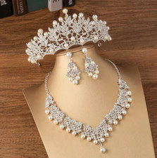 Brautschmuck Set Ohrringe Halskette  Krone Strass Perlen Hochzeit Party Schmuck