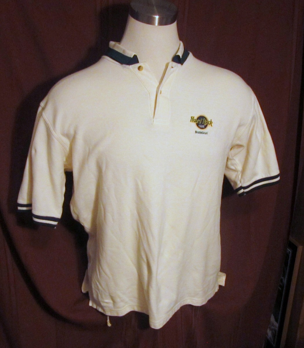 Hard Rock Cafe Shanghai Mens Short-Sleeve Polo Shirt, White, Cotton, Size  L, EUC