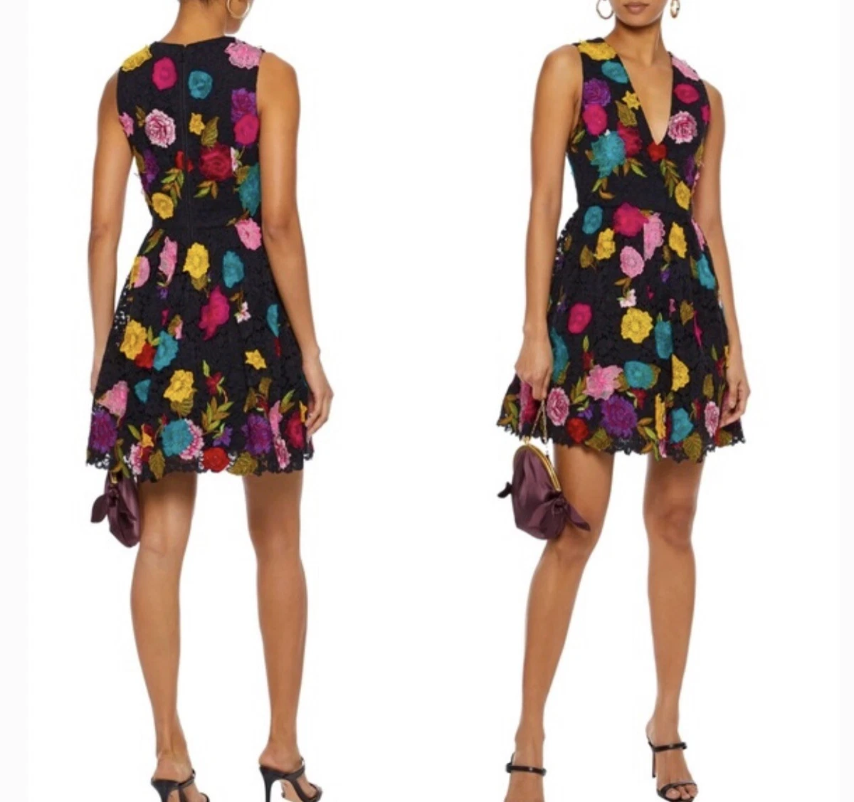 NWT Alice Olivia Becca Pouf Dress Embroidered Flower Black Dress