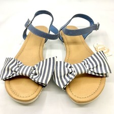 Wonder Nation Girls Denim Blue Stripe Sandals w/ Ankle Strap Sz 4 Bow Tie