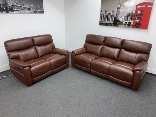 DFS Pryme Brown Leather Electric Reclining 3 Seater + 2 Seater Sofa Set - Picture 2 of 7