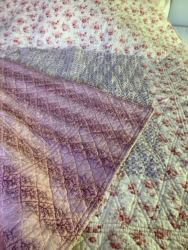 Antique French Quilt 19th Century 3 Rare Prints Pink Ombré 61" x 69" - Picture 16 of 17