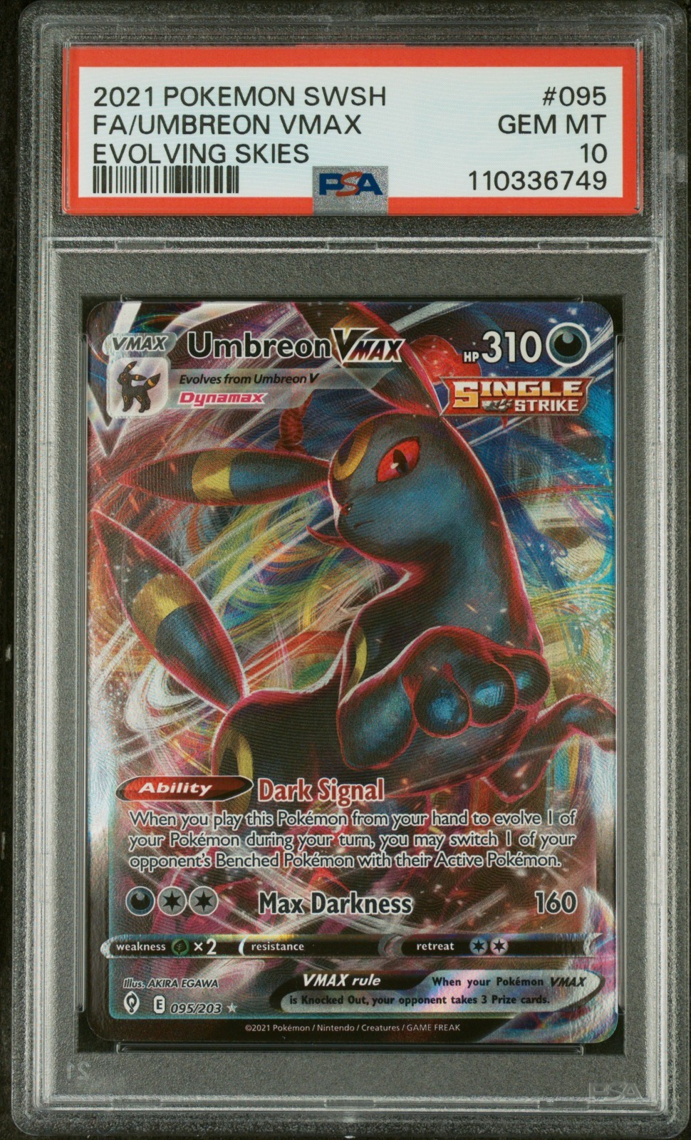 Umbreon VMAX 095/203 SWSH07: Evolving Skies Holo PSA 10