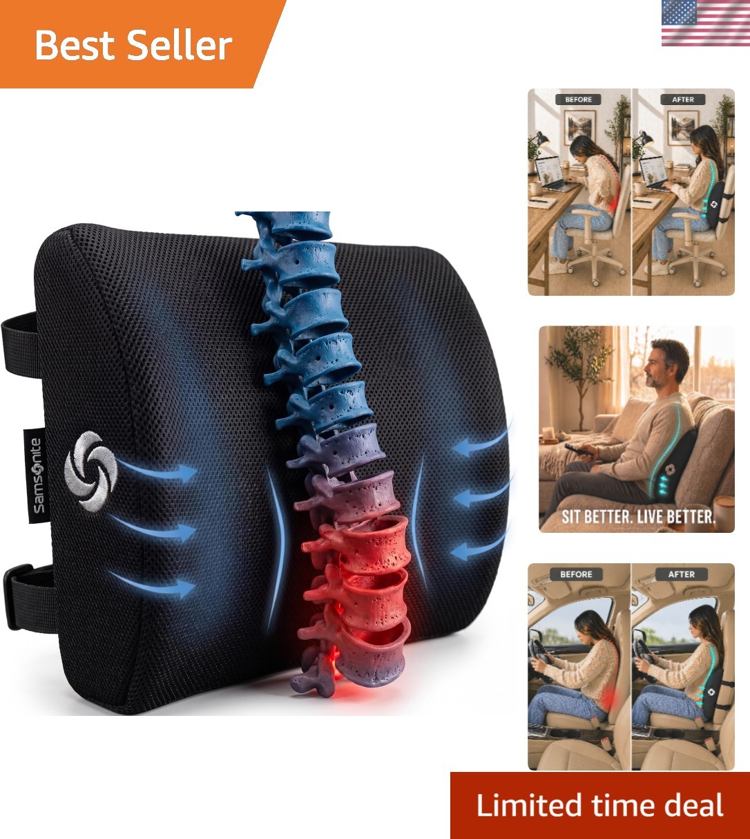 Lumbar Support Pillow for Office Chair, Lower Back Support for Car, Back Pill...