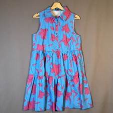 Women's Sleeveless Collard Button Top A-Line Dress SzM Blue & Pink Floral Print
