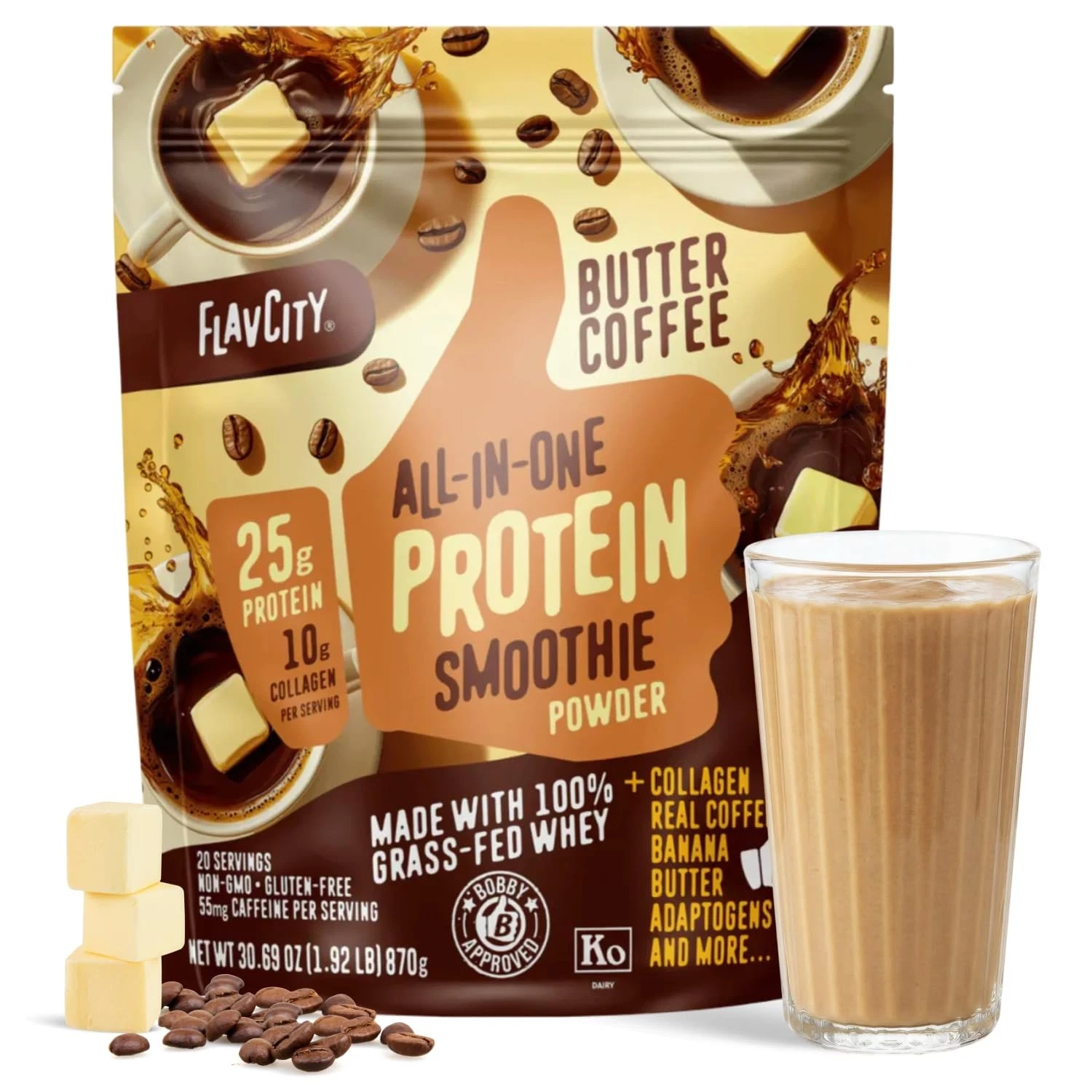 All in Protein Shake , Butter Coffee - 55mg Caffeine + Collagen Peptides, Rei...