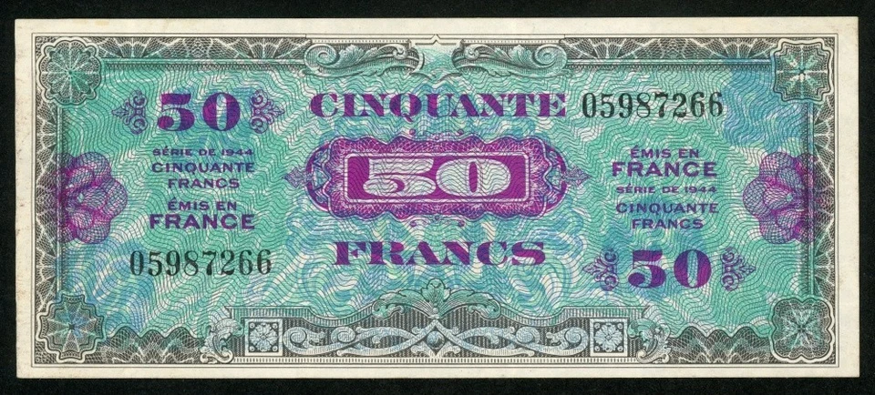 Изящный 1944 Франции союзников военной валюты банкноты 50 франков P117a выбор VF + - Изображение 2 из 3
