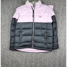 LL Bean Puffer Jacket Kids M 10-12 Lavender Black Hooded Colorblock Outerwear