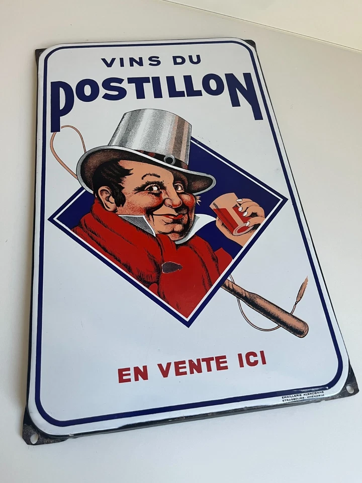ancienne et authentique plaque émaillée "vin du postillon" plate à oreilles - Photo 4/4