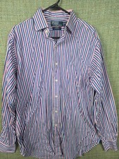 Polo Ralph Lauren Shirt Men's L 16.5 Long Sleeve Orange Blue Striped Classic Fit