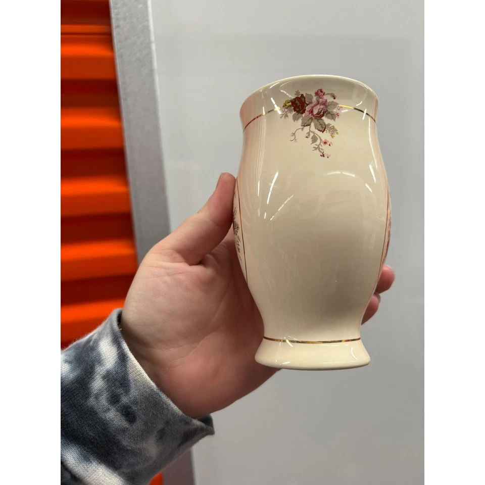 Organizador de tocador vintage de cerámica con borde dorado floral beige Foto 3 de 4