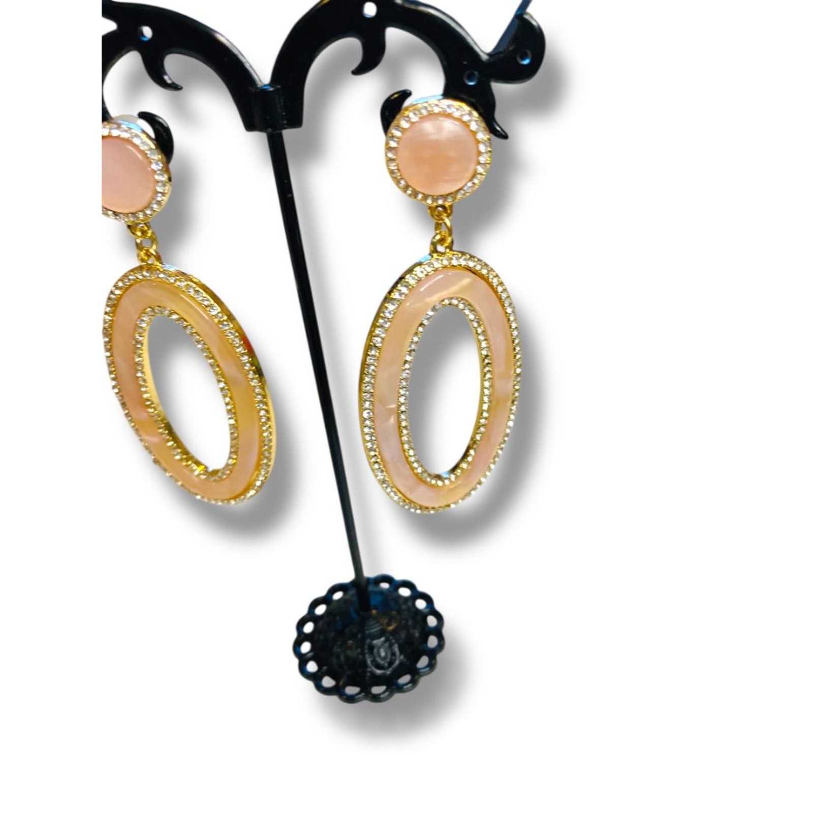 Statement Pierced Post Earrings Pink Goldtone Rhi… - image 3