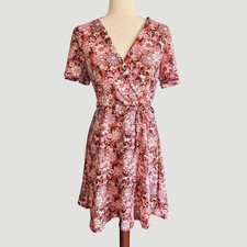 Monteau Los Angeles Floral 70s Retro Wrap Dress Pink Orange Size M cottagecore