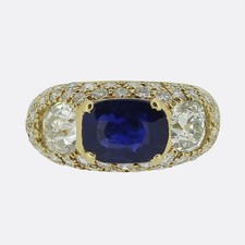Vintage Burmese Sapphire and Diamond Pave Set Three-Stone Ring