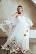 White Flowers Embroidery A-line Wedding Dress Detachable Long Train Puffy Sleeve