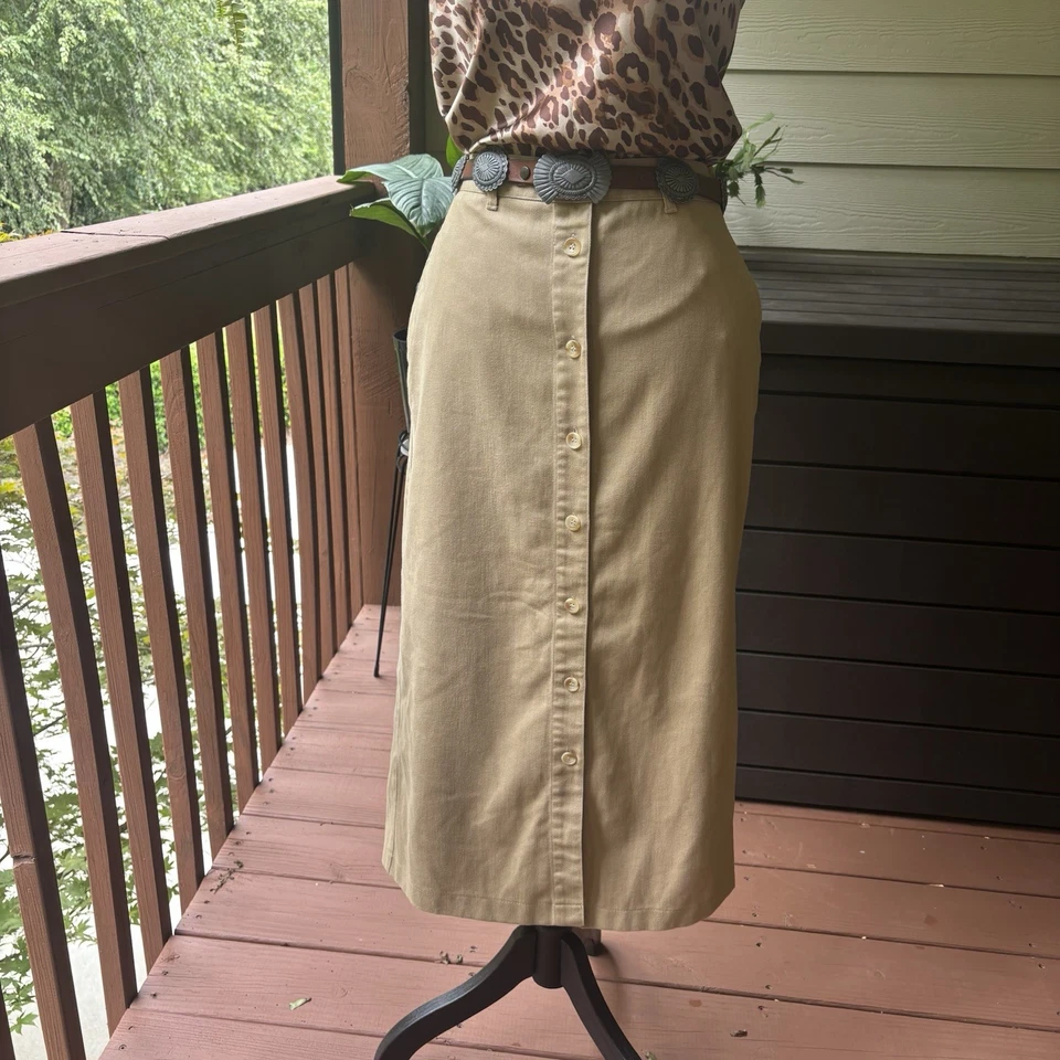 Saia Midi Cáqui Vintage Jones New York Anos 90 Botão Frontal | Academia Minimalista | 12P - Imagem 4 de 4