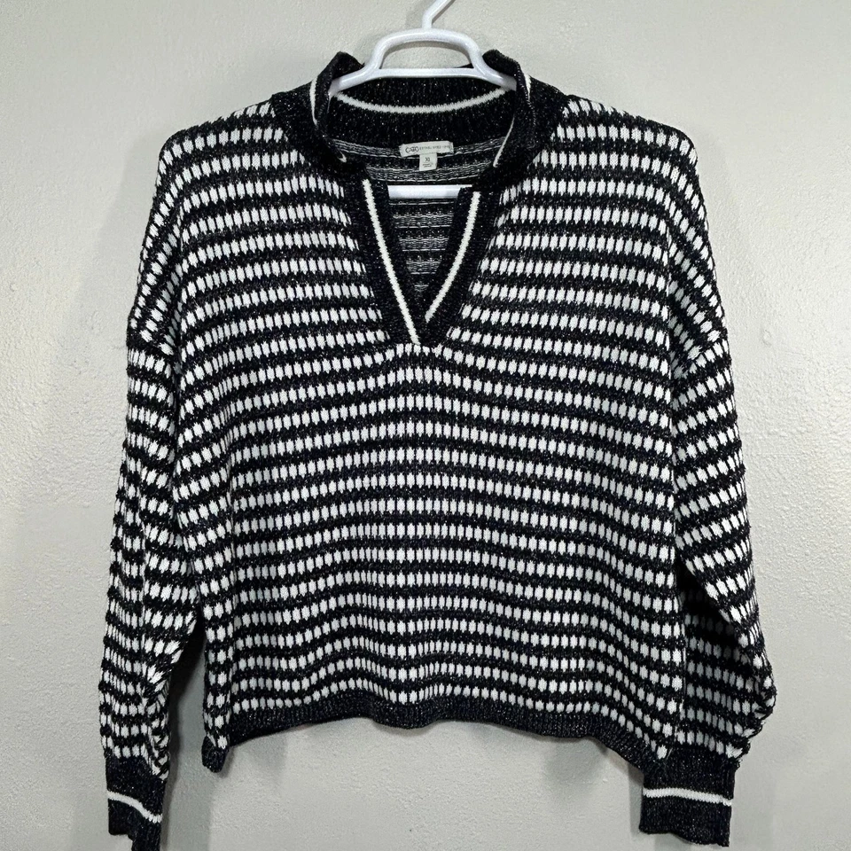Suéter Cato Para Mujer XL Negro Blanco Tejido Muesca en V Pullover Grueso Metálico Brillante Foto 4 de 4