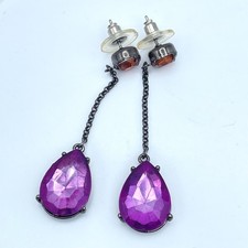 Vintage Gunmetal-Tone Prong Faceted Glass Purple Teardrop Beads Dangle Earrings