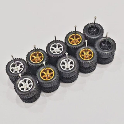 5 Sets TE37 6 Spoke Rims & 14mm Off Road Rubber Tires For 1/64 Hot Wheels Swap