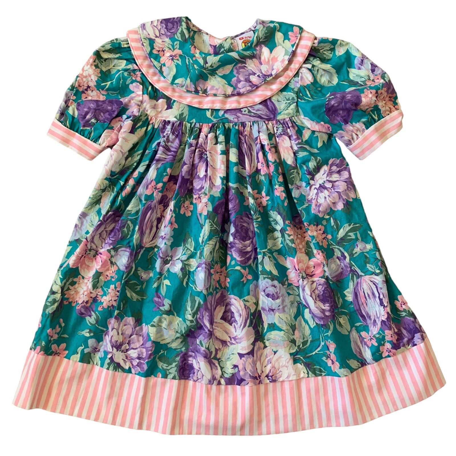 Vintage 1990's Girls Floral Spring Easter Dress Size 6X Teal Pink Layered Collar