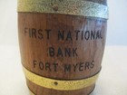 VINTAGE FIRST NATIONAL BANK 6" WOOD BARREL COIN BANK w/ COMBINATION LOCK — photo 2