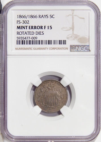 1866/1866 RAYS 5c NGC F 15 FS-302 ~ ROTATED REVERSE ERROR AND RARE RPM VARIETY!