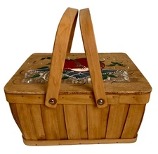 Rustic Wood Picnic Basket Vintage Decorative Hand Painted Apple Design