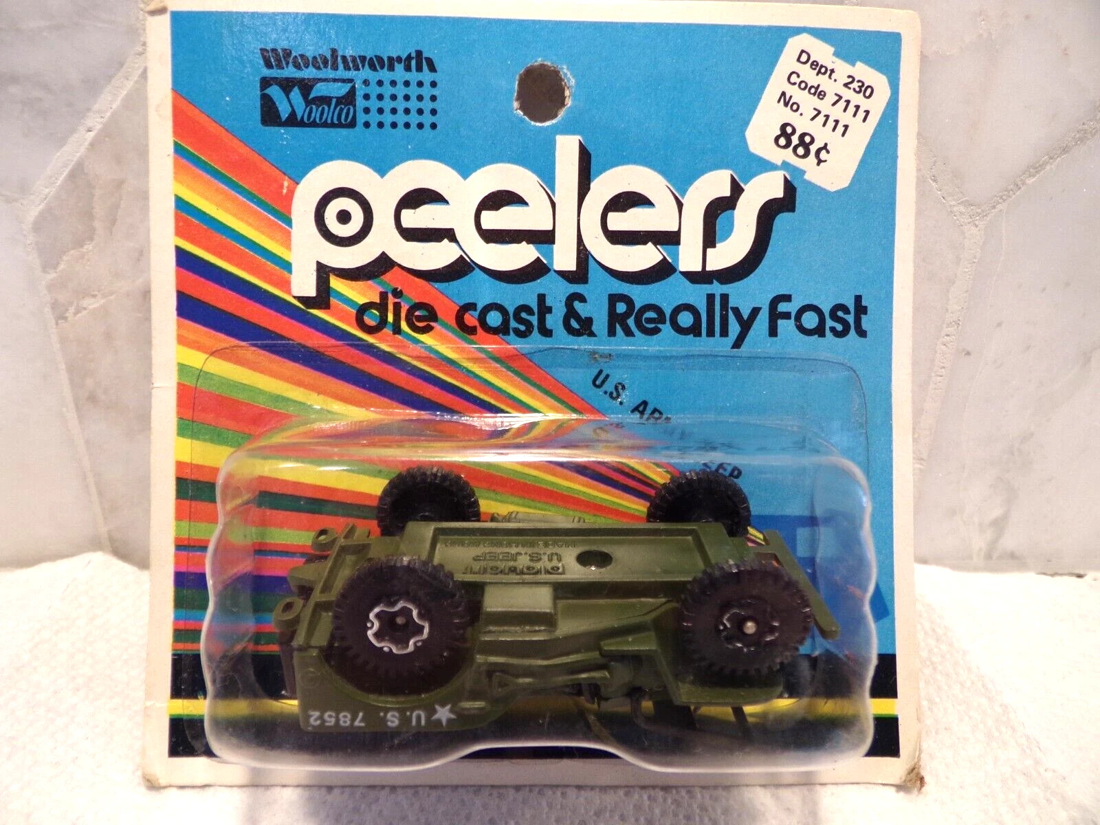 Vintage Woolworth's "Peelers" US Army Jeep Die Cast PACKAGED UPSIDE DOWN!