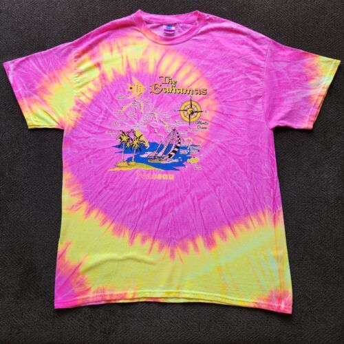 T-Shirt The Bahamas Nassau Karte Krawatte gefärbt XL kurzärmelig Colortone Strand bunt