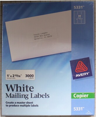 NEW AVERY 5331 3000 1'' x 2-13/16'' Address Labels for Copiers/Laser Printers