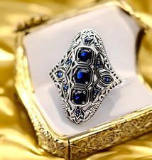 VINTAGE STYLE ROYAL BLUE SIMULATED SAPPHIRE 925 STERLING SILVER RING 1794