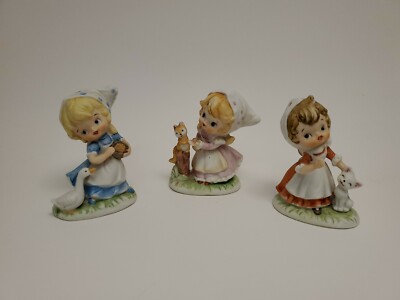 3 Vintage Homco Figurines -  Merry Maids each has an animal Cat/Duck/Squirrel 