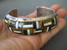 HEAVY CR Native American Opal Tiger's Eye Inlay Sterli Silver Cuff Bracelet 103g