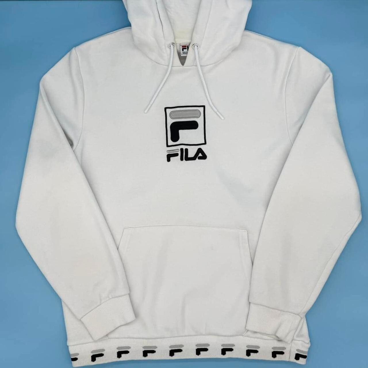 Felpa con cappuccio pullover Fila Spellout uomo vintage retrò maglione bianco grande