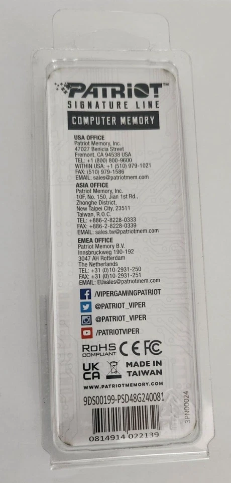 Patriot Signature Line DDR4 8GB 2400MHz #PSD48G240081 UDIMM Memory Module 1.2 V - Image 2 of 2