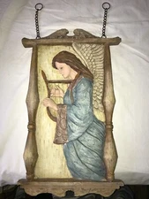 CARVED Wood Look 3D WINGED ANGEL Playing HARP Hanging Chain SIGN Wall PLAQUE 19"