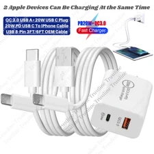 For Apple iPhone Dual Ports Charger 20W PD USB C Adapter QC 3.0 Block Cable Lot