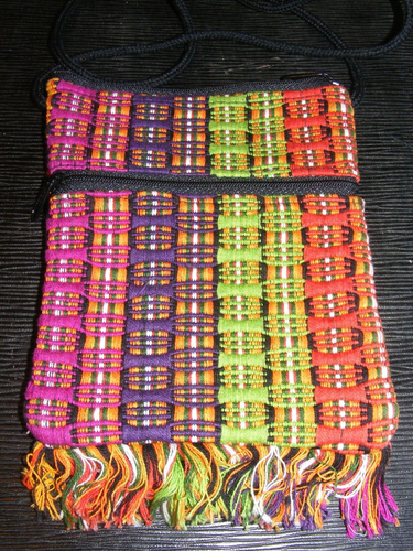 Vintage Handbag Crossbody Purse Crocheted Pink Purple Linen Fringe 1-E - Picture 2 of 7