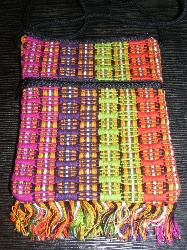 Vintage Handbag Crossbody Purse Crocheted Pink Purple Linen Fringe 1-E - Image 2 of 4