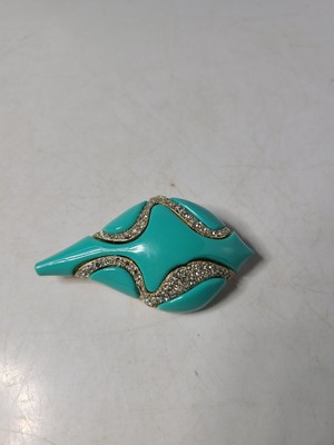 Vintage Signed 2 3/4 Inch Eisenberg Turquoise Lucite Rhinestone Art Deco Brooch