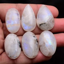 6 Pcs Natural Rainbow Moonstone 28mm-30mm Untreated Cabochon Loose Gemstones Lot