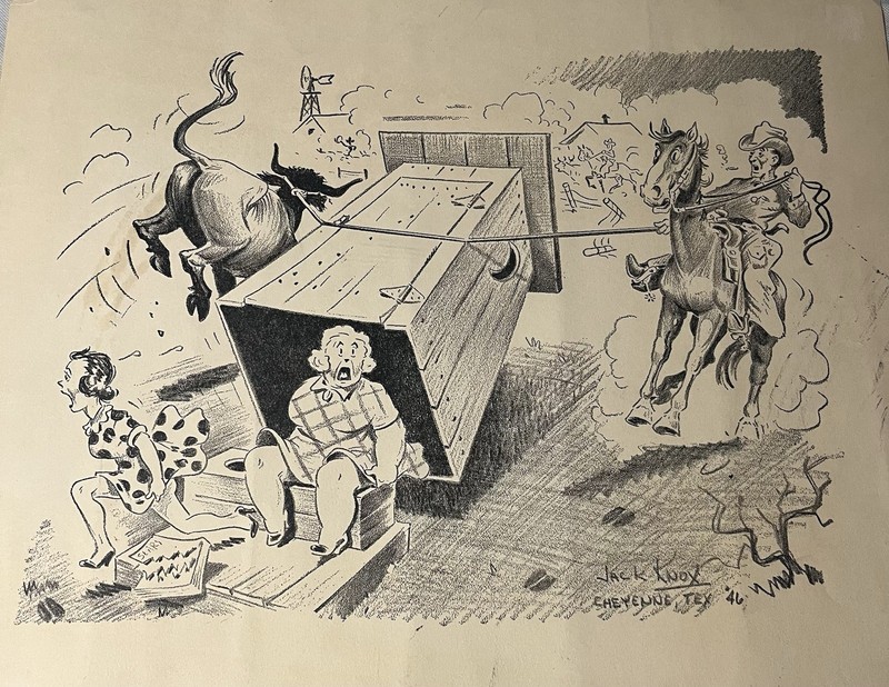 1946 Vintage Original Jack Knox Western Cartoon Art Drawing Texas