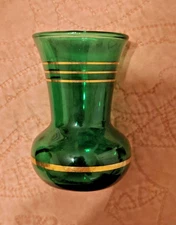 Vintage Anchor Hocking Emerald 4" Bud Vase Gold Banded