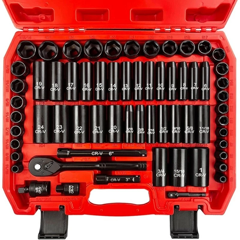 64 pcs 3/8" Socket Set Drive Impact Socket Set SAE/Metric Deep & Shallow 6 Point - Image 2 of 4