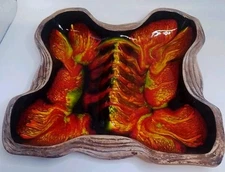 Vintage MCM 70s Large Sequoia Ceramic Red/Yellow Woodgrain Butterfly Ashtray 9"