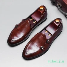Retro Vintage Men's Monk Strap Slip On Loafers Leather Dress Shoes Business Fall