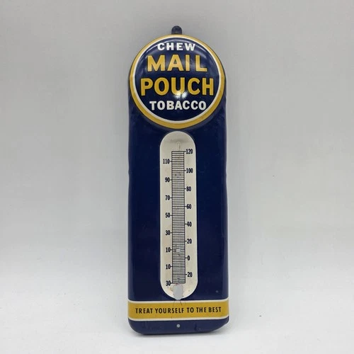 Vintage MAIL POUCH Tobacco Thermometer Tin Sign Small 9" Rare